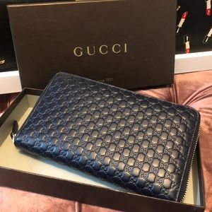Gucci Navy Leather Guccissima Organizer Zip Wallet